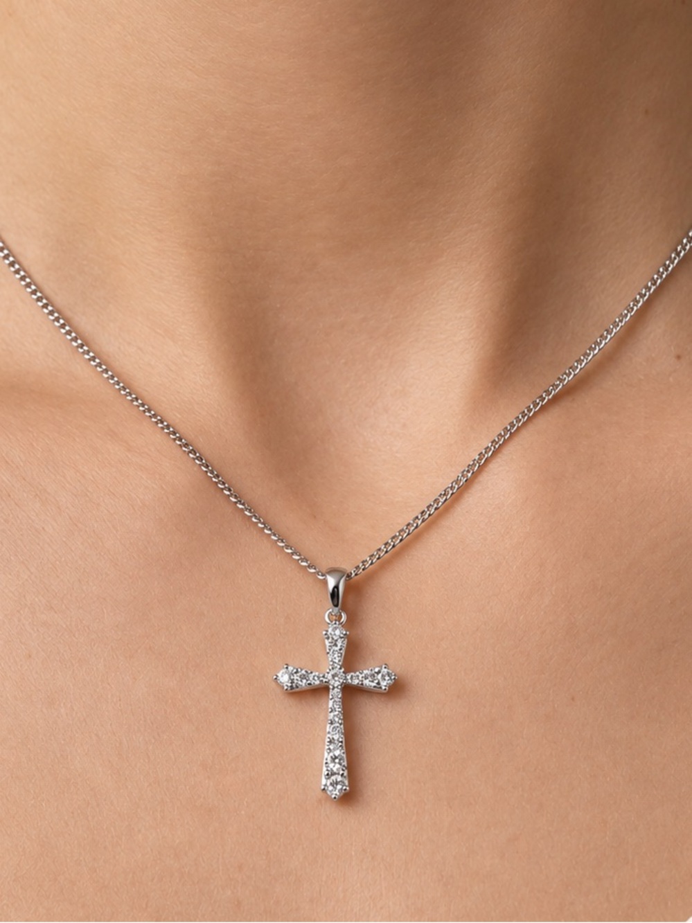 Platinum Plated Cross Necklace with Zirconia Stones | Dainty Bling Jewelry